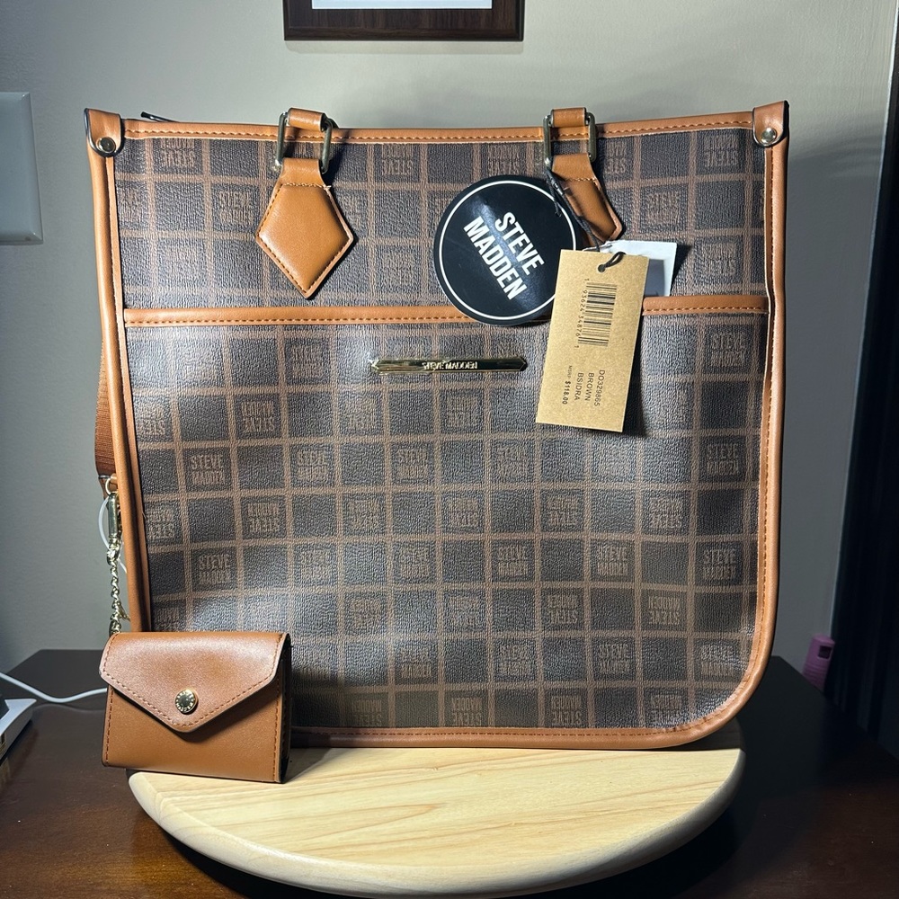 Steve Madden BSIDRA Brown Tote Bag & Removable Pouch Set NWT